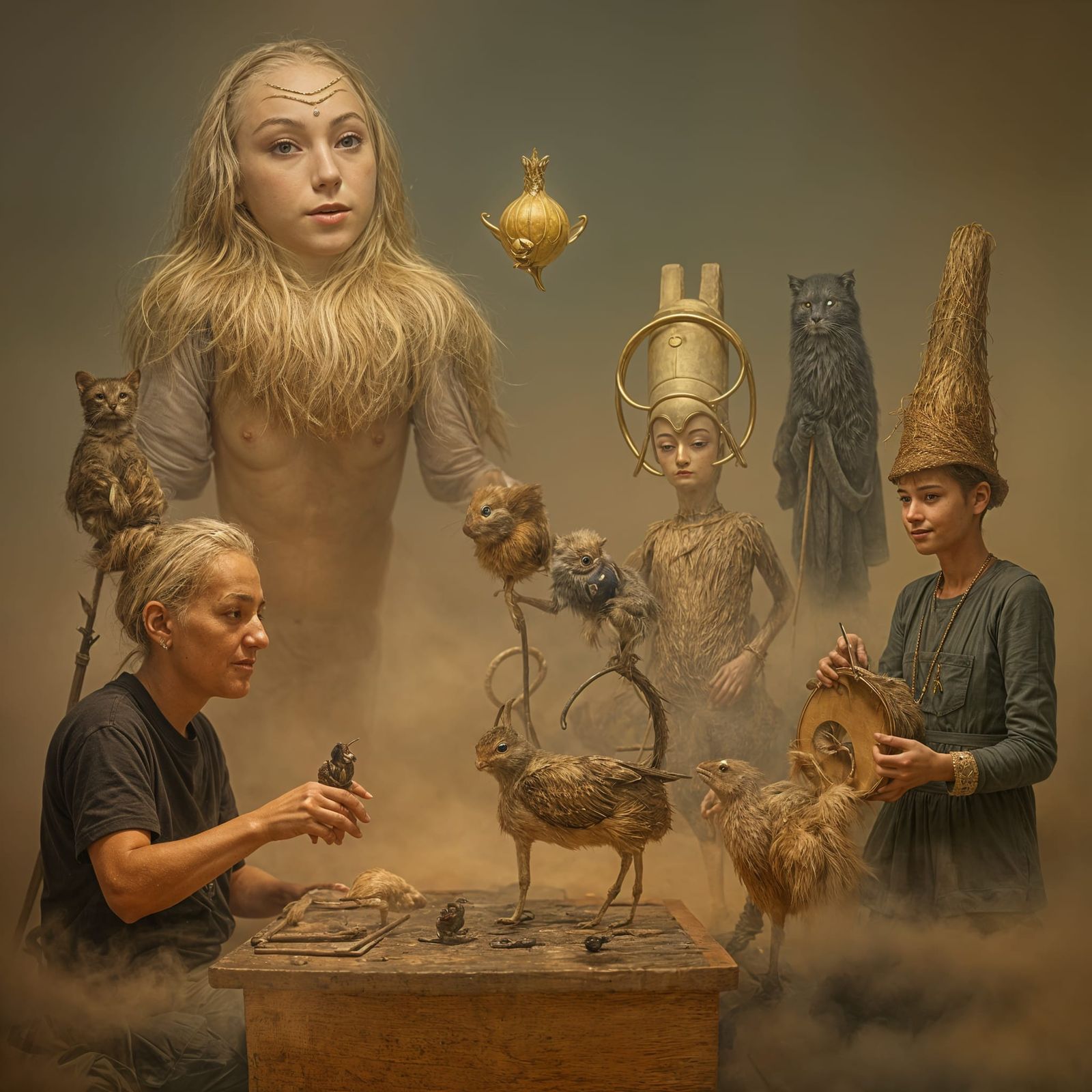 Whimsical Toy Maker Surrounded by Colorful Creations