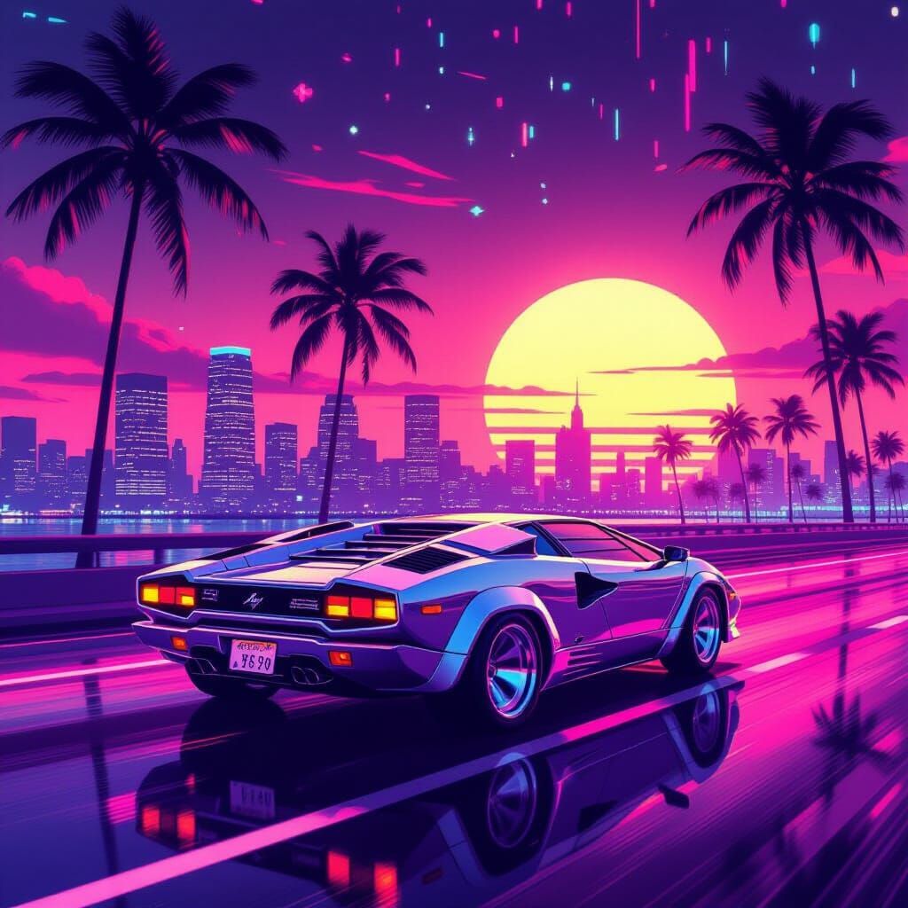 Retro-Futuristic Lamborghini Countach on Neon Highway