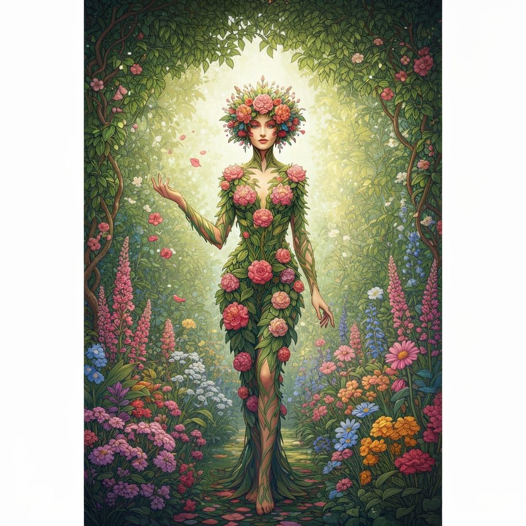 Woman Composed of Flowers in Enchanting Garden