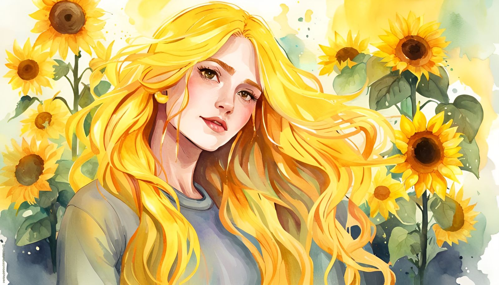 Sunflower Girl: Epic Watercolor Digital Illustration