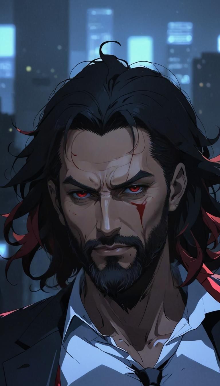 Anime Lucifer in Red Suit at High Class Party