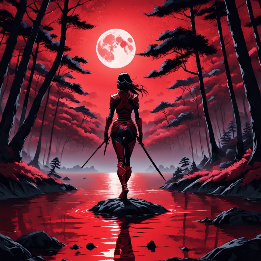 Crimson Ninja Woman Illuminated by Vibrant Crimson Moon