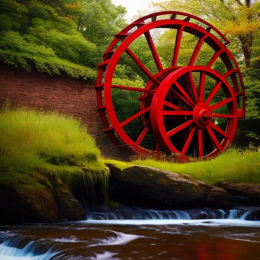 Vibrant Red Water Wheel Scene