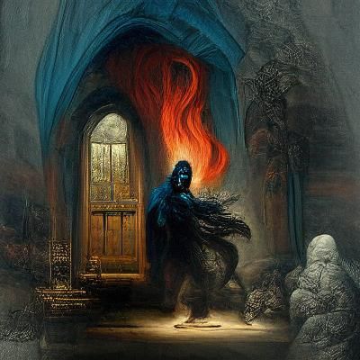 Sinister Figure in Doorway of Blue Fire