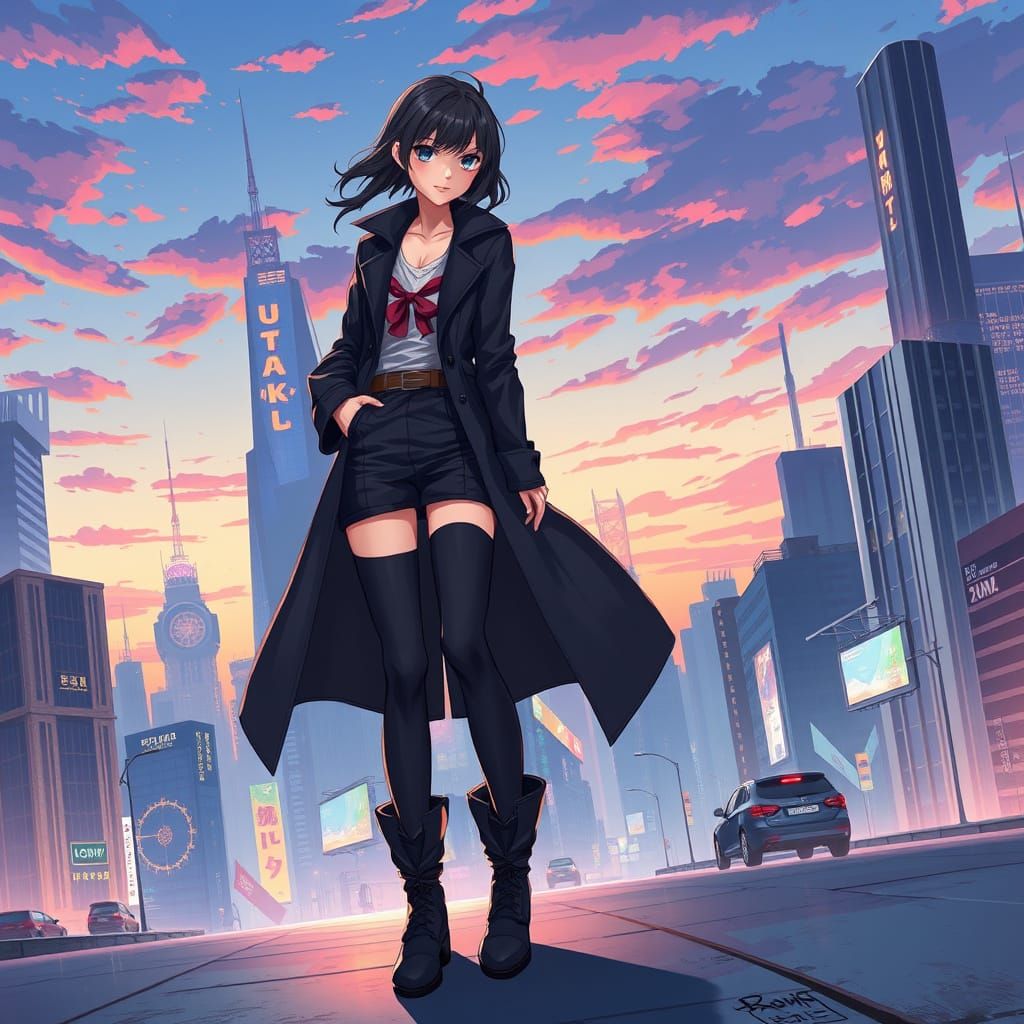 Anime Woman in Futuristic Cityscape at Dusk