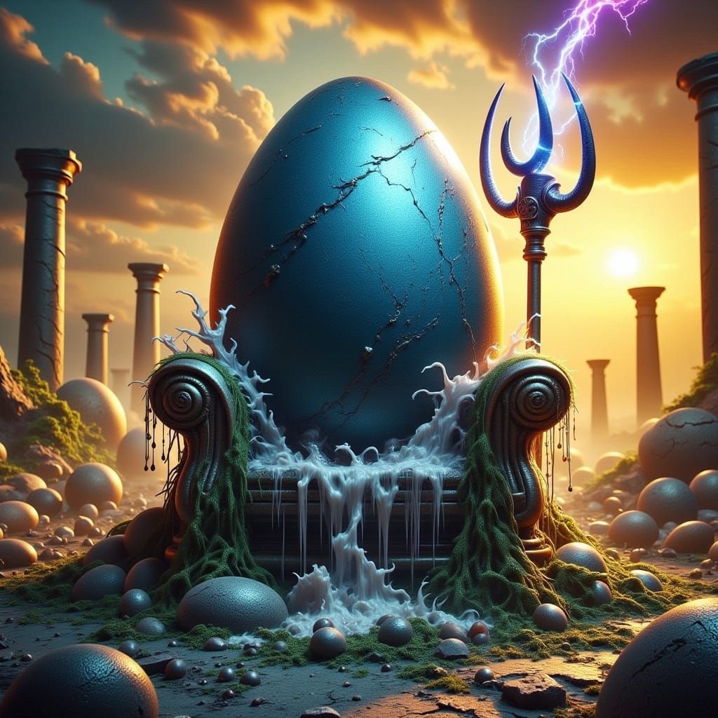 Regal Neptune Egg on Throne in Ancient Ruins