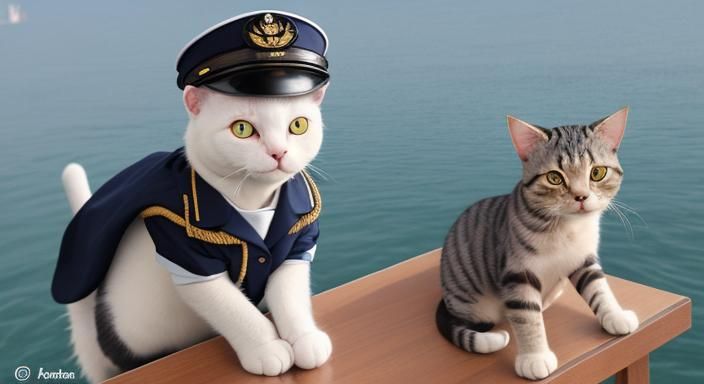Cat in Naval Uniform Digital Illustration