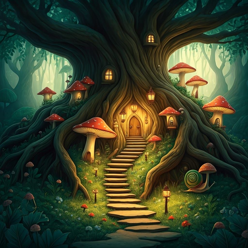 Whimsical Fairy Village in Ancient Tree, Watercolor Style