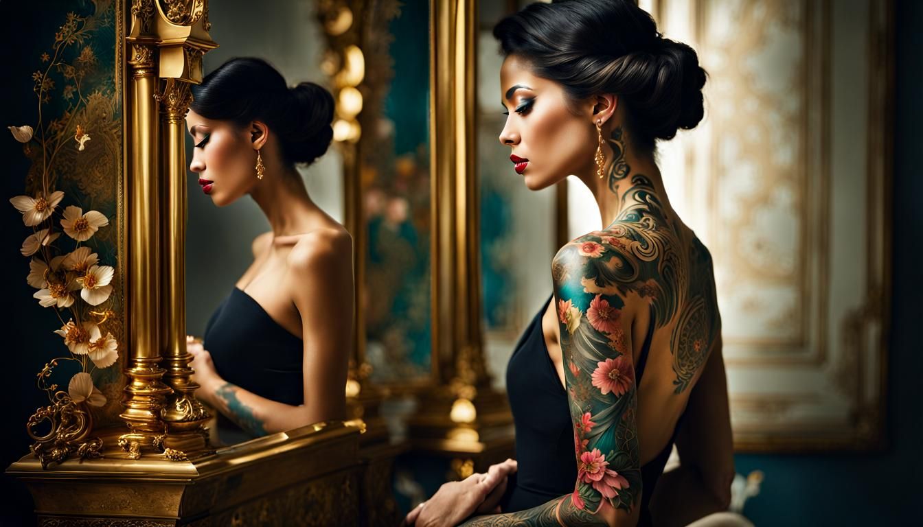 Elegant Tattooed Woman with Ethereal Art, Photorealistic Lum...