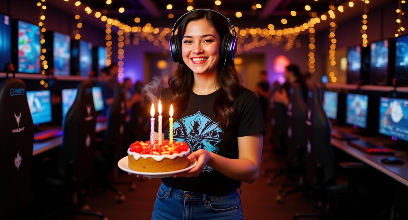 Joyful Woman Celebrates Birthday in Esports Club