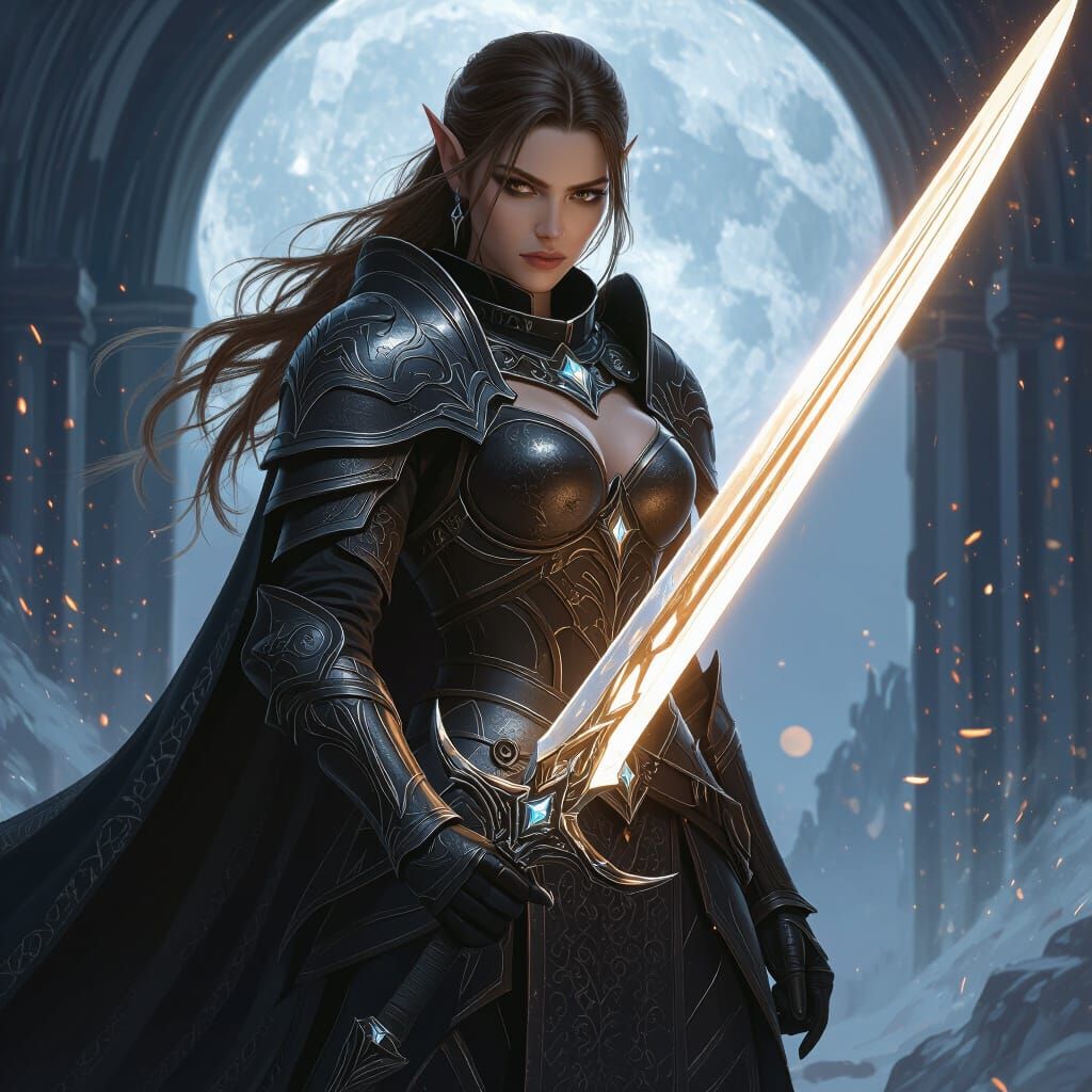 Elf Paladin Knight in Black Silver Armor with Glowing Sword