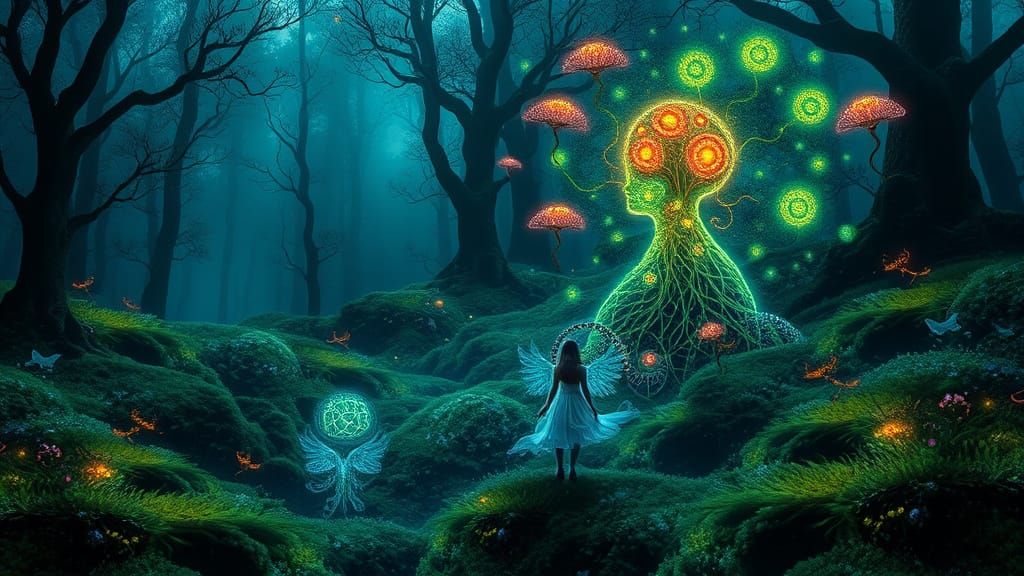 Bioluminescent Forest with Mythical Creatures in Bio-Art Sty...
