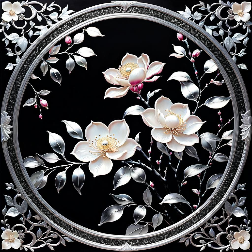 Metallic Camellia Mural in Dark Art Style