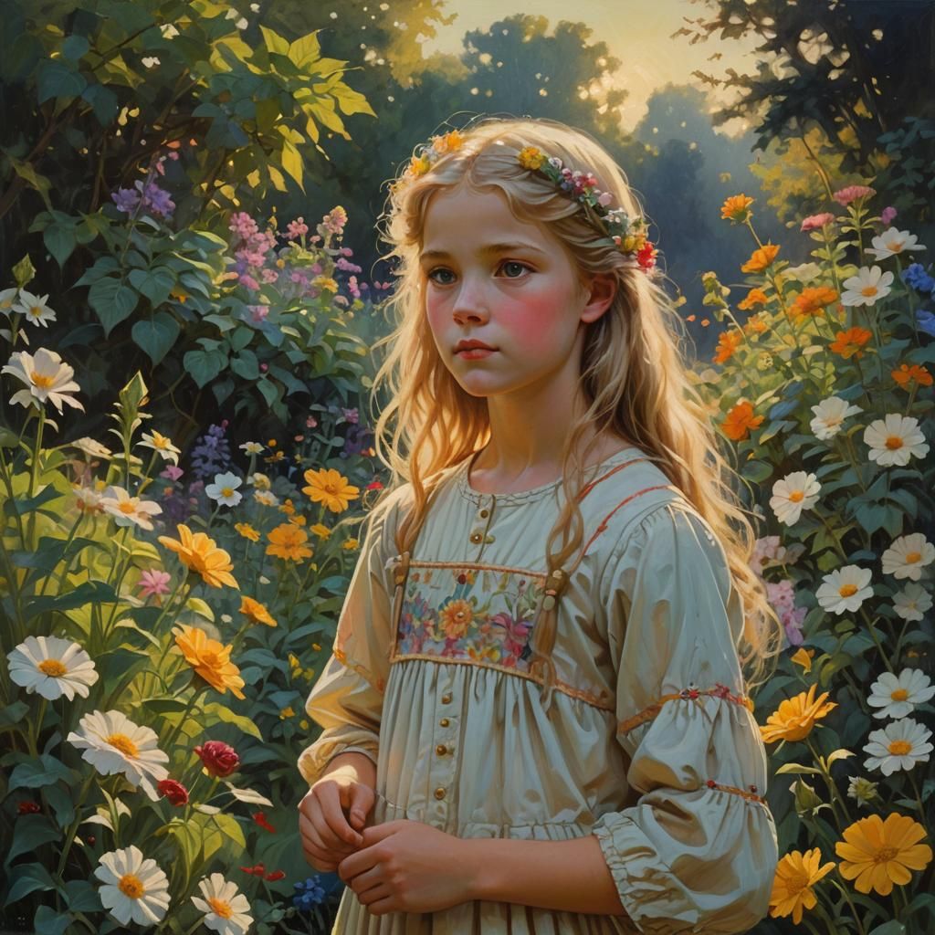 Girl in Garden at Sunset, Oil Painting