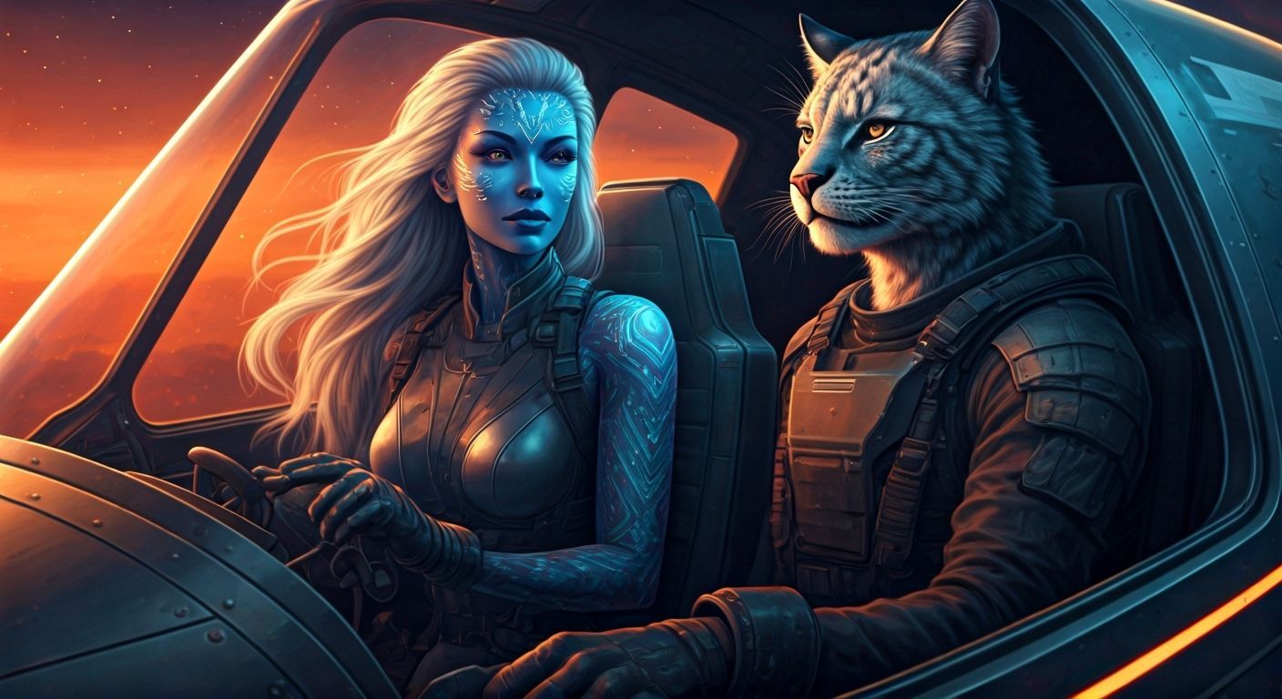 Retrofuturistic Pilots in Neon Cockpit, Hyperrealistic Rende...