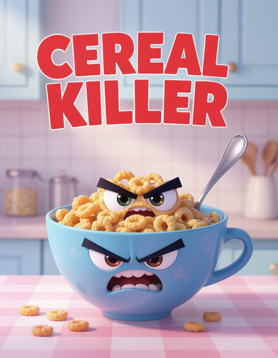 Mischievous Cereal Bowl CGI Cartoon with Angry Eyes