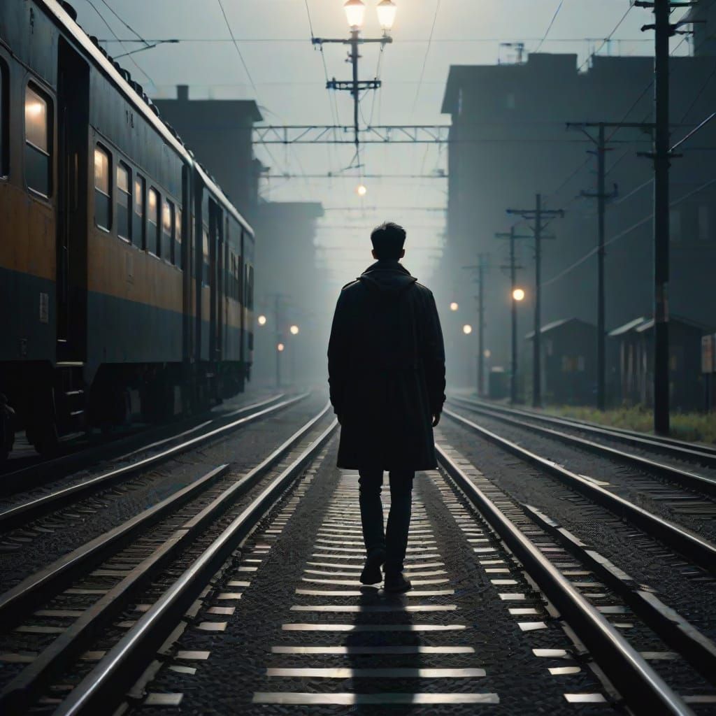 Hyperrealistic Figure on Train Tracks at Night