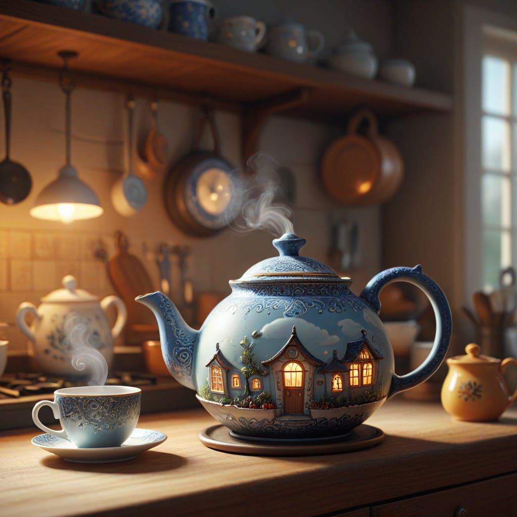 Whimsical Teapot and Cup in a Cozy Fantasy Kitchen
