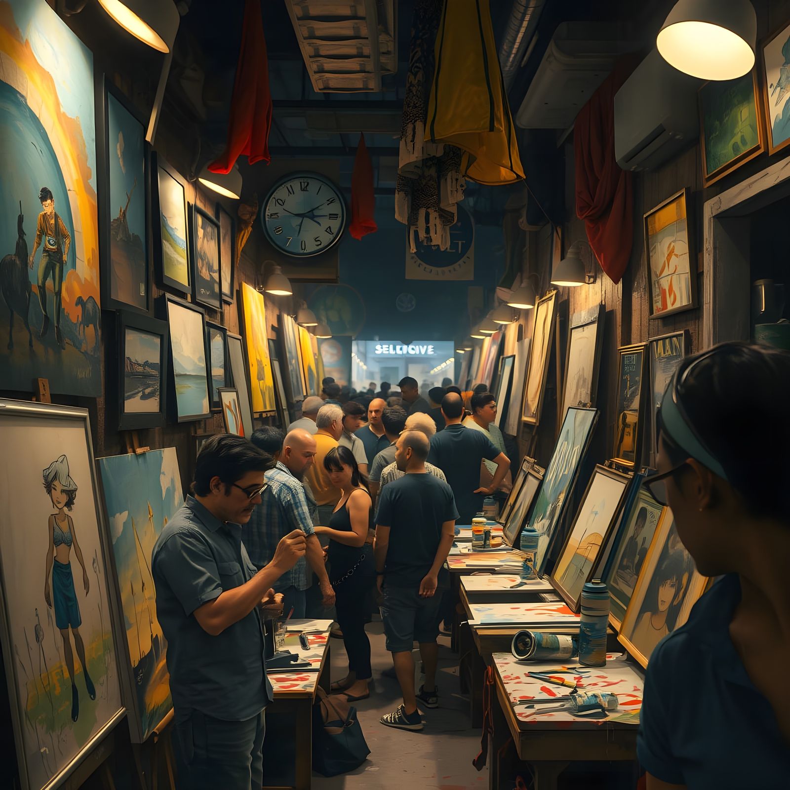 Artist's Flea Market Scene in Vibrant Oil Paint Style