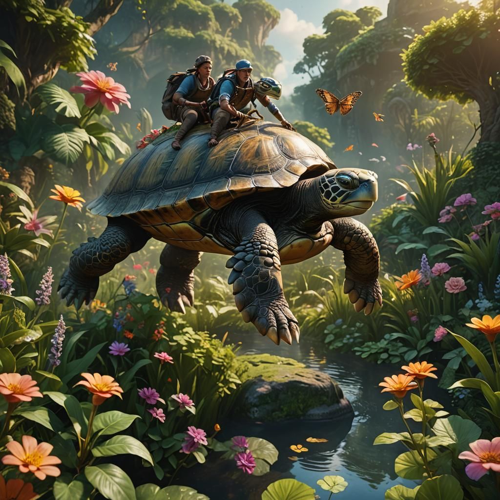 Fantastical Turtle Ride in Lush Landscape