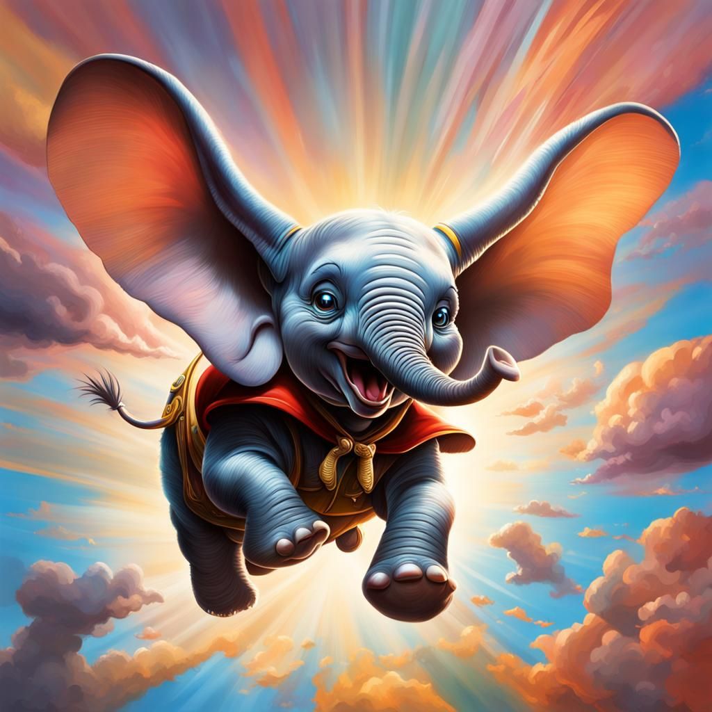 Dumbo: Hyperrealistic Flying Elephant in Vibrant Splash Art