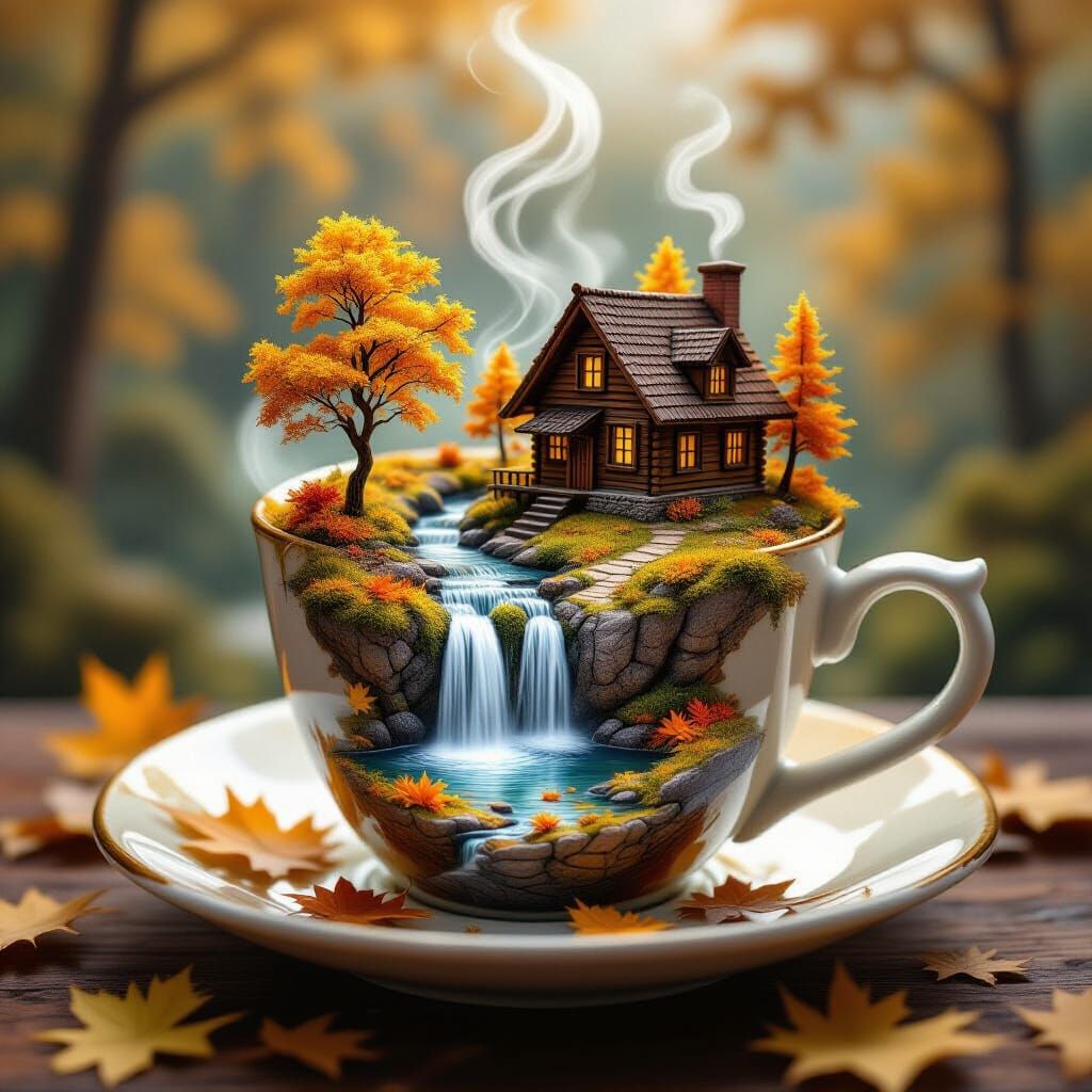 Autumn Landscape Teacup with Rustic Cabin