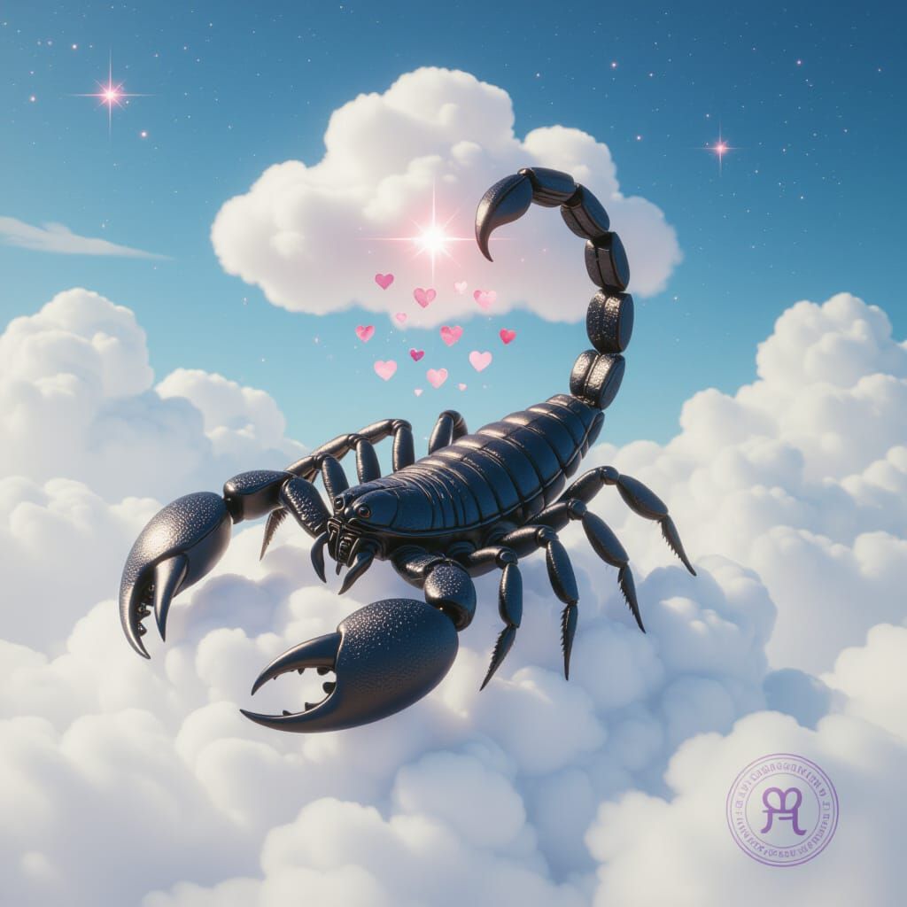 Black Scorpion on Cloud with Pink Hearts