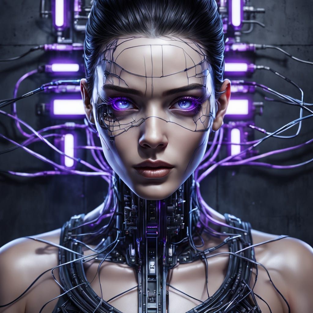 Ethereal Android Goddess with Exposed Circuitry