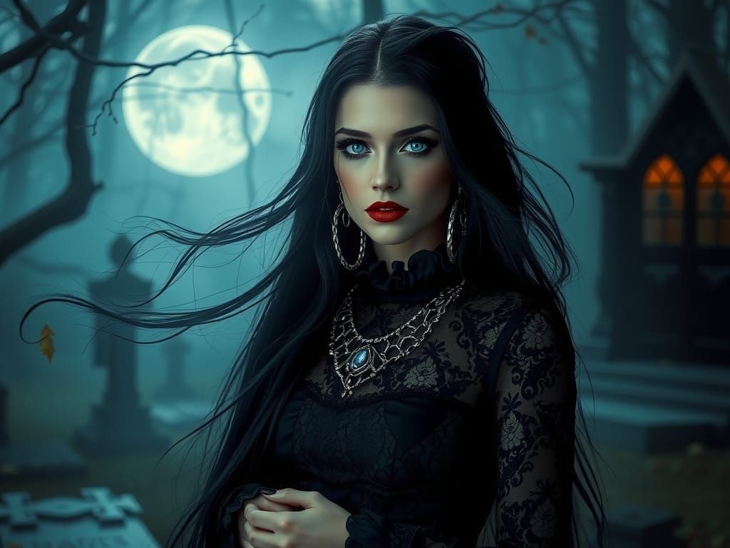 Ethereal Goth Beauty Under Moonlit Graveyard Skies