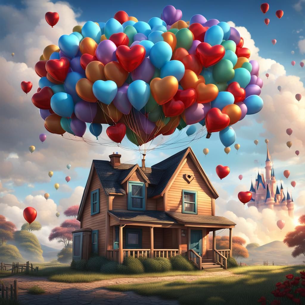 House Floats with Heart Balloons: Disney Magical Realism