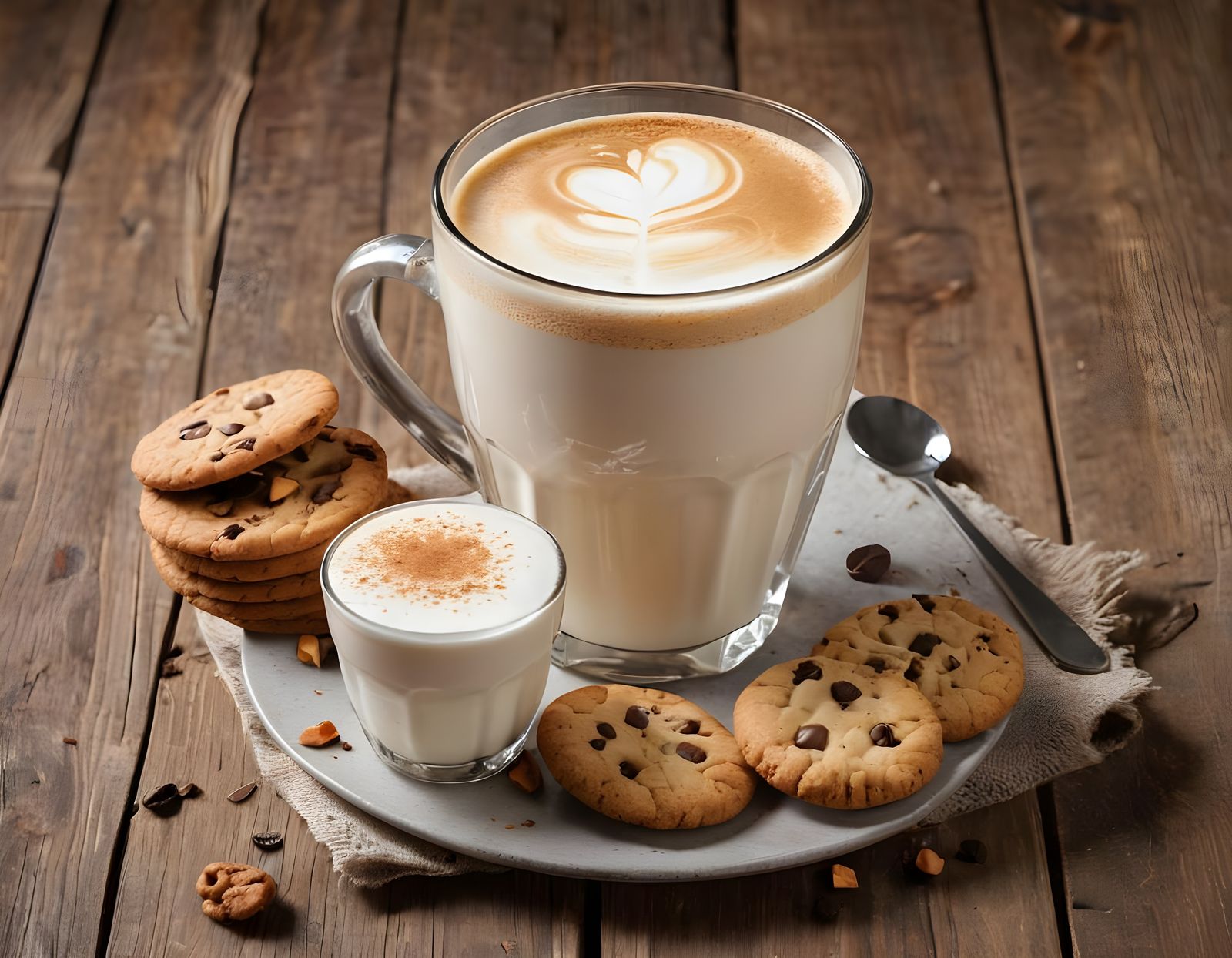 Latte Macchiato with Cookies on Wooden Table