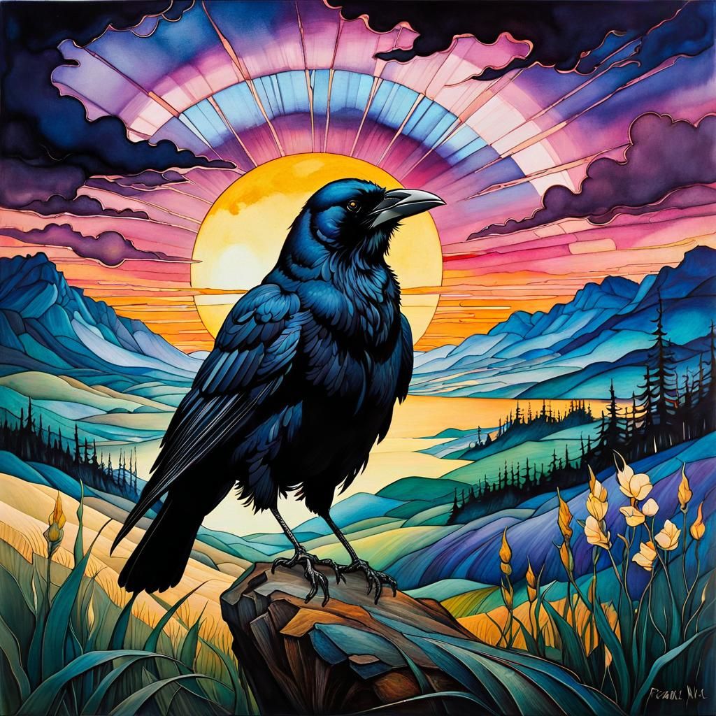 Twilight Crow in Expressionist Mosaic Landscape