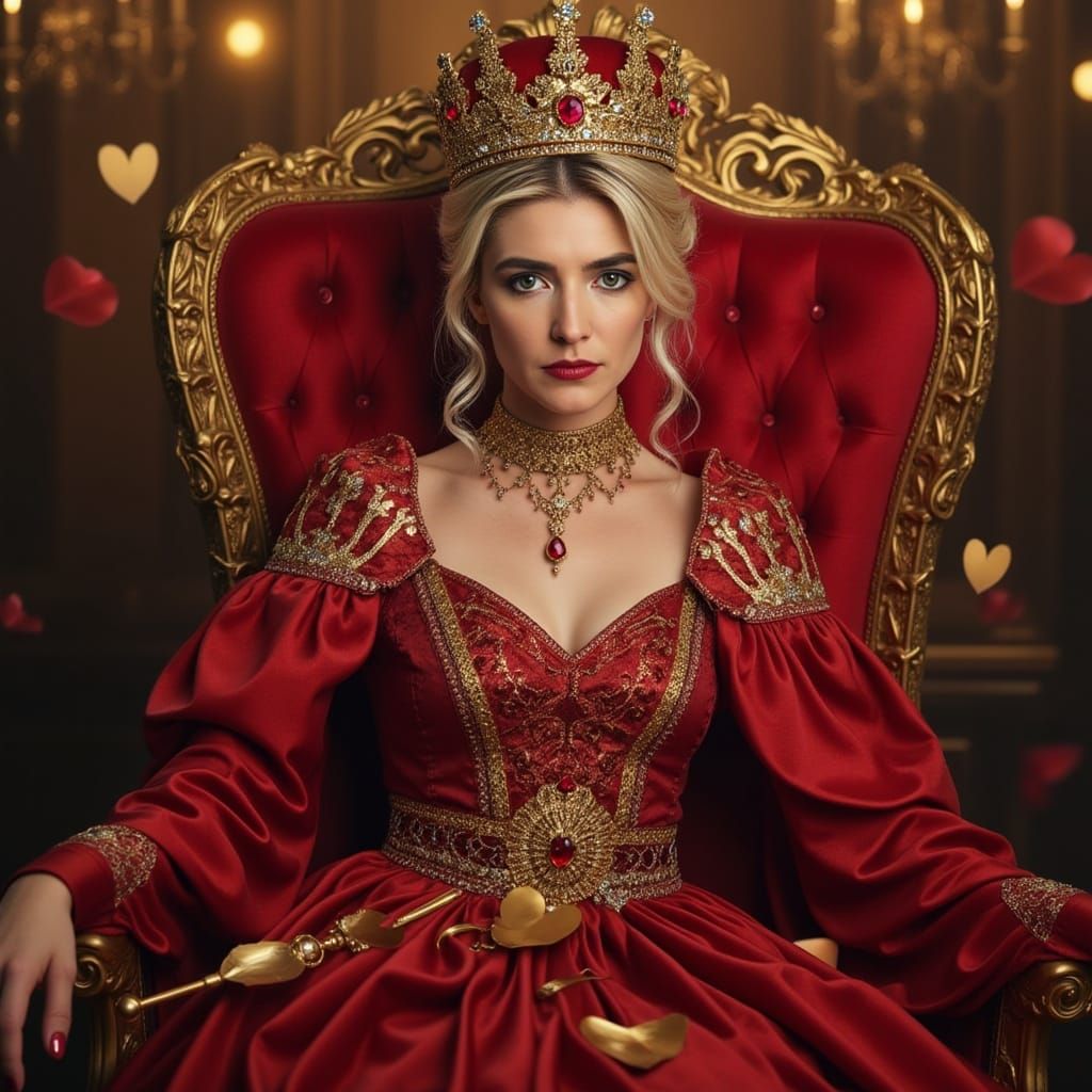 Regal Queen of Hearts on Crimson Throne