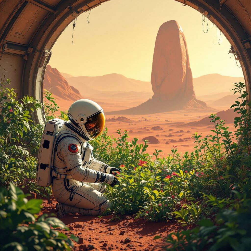 Astronaut's Glowing Garden on Mars: Sci-Fi Art