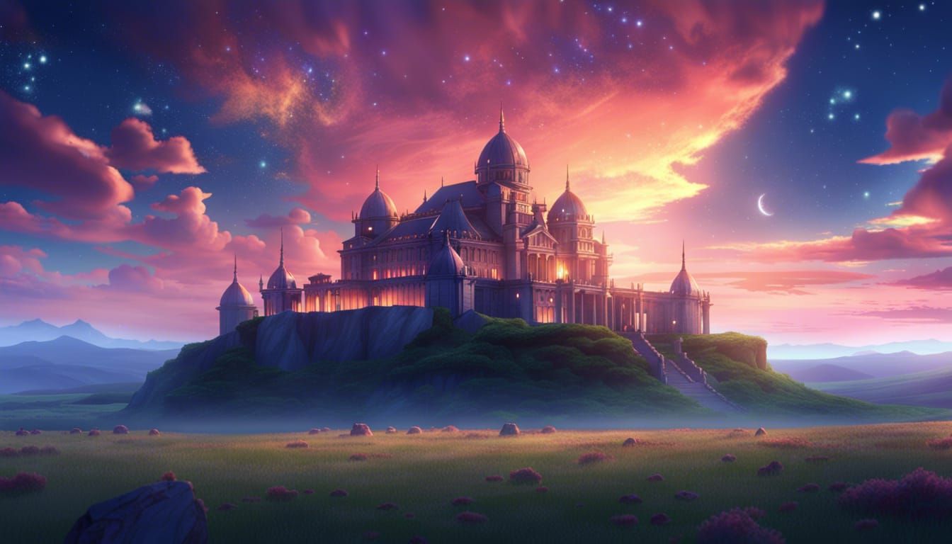 Anime Palace in Meadow at Sunset