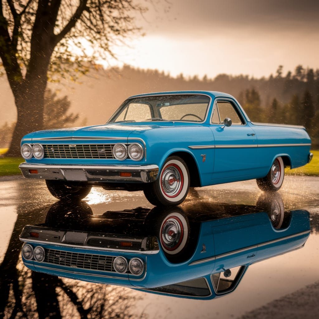 1959 Chevrolet El Camino, Sky blue, mint condition, reflected more in the puddle when the sun popped through a thunder s...