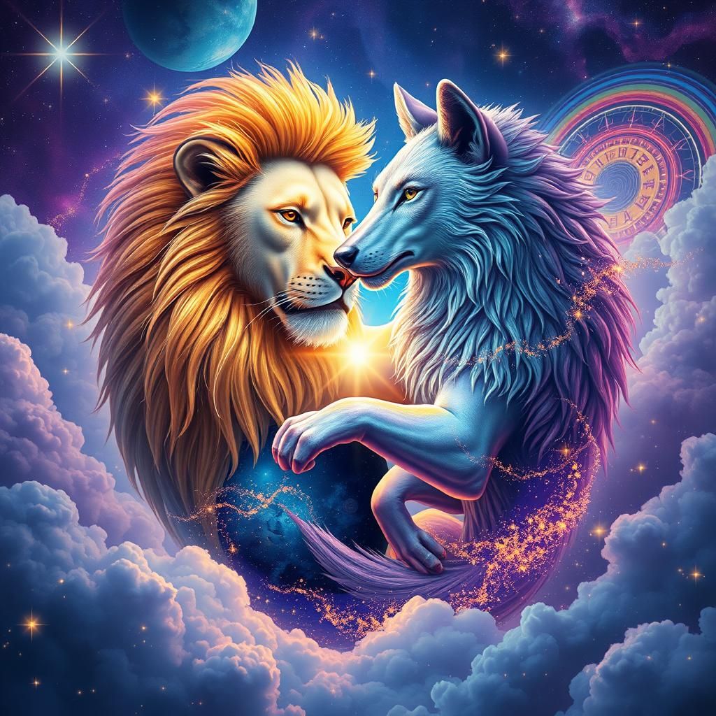 Cosmic wolf and majestic lion forever intertwined,