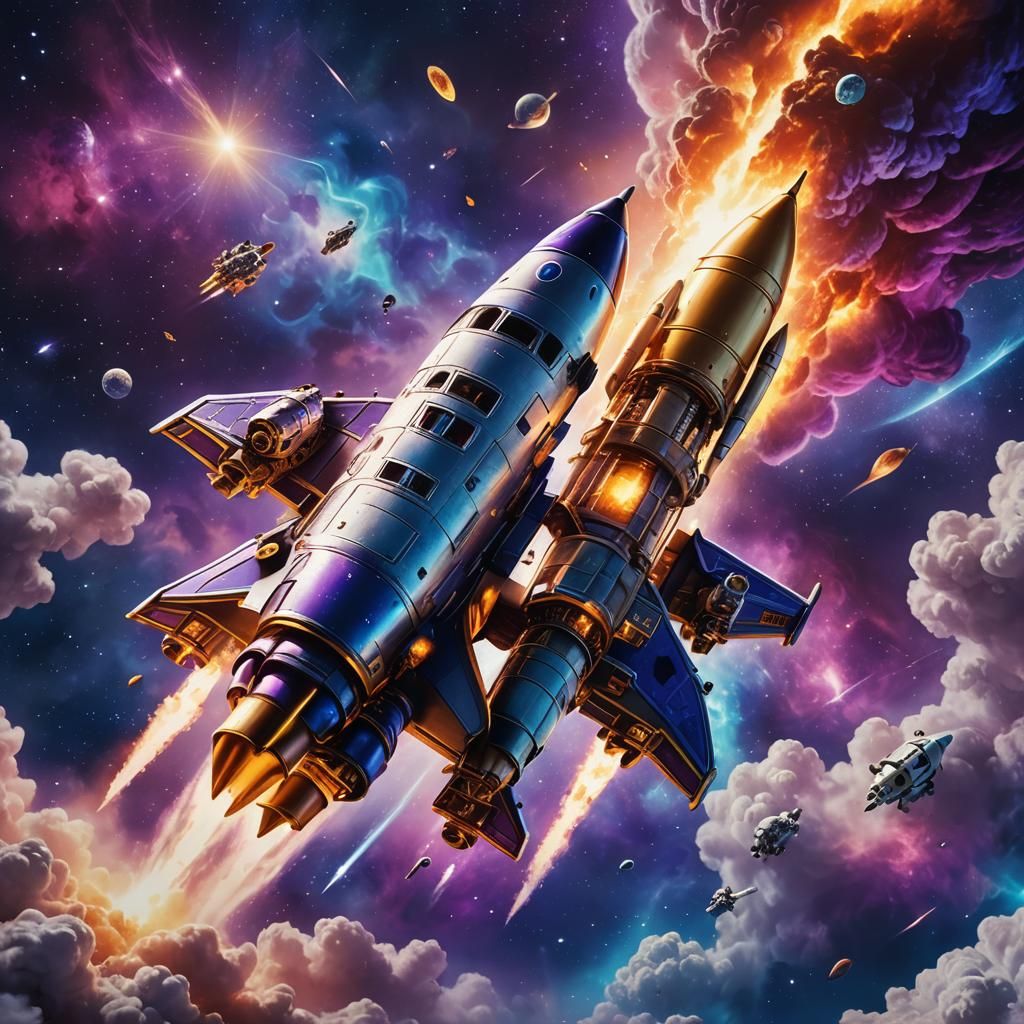 Flying Cows on Rocket Ship in Space: Digital Art