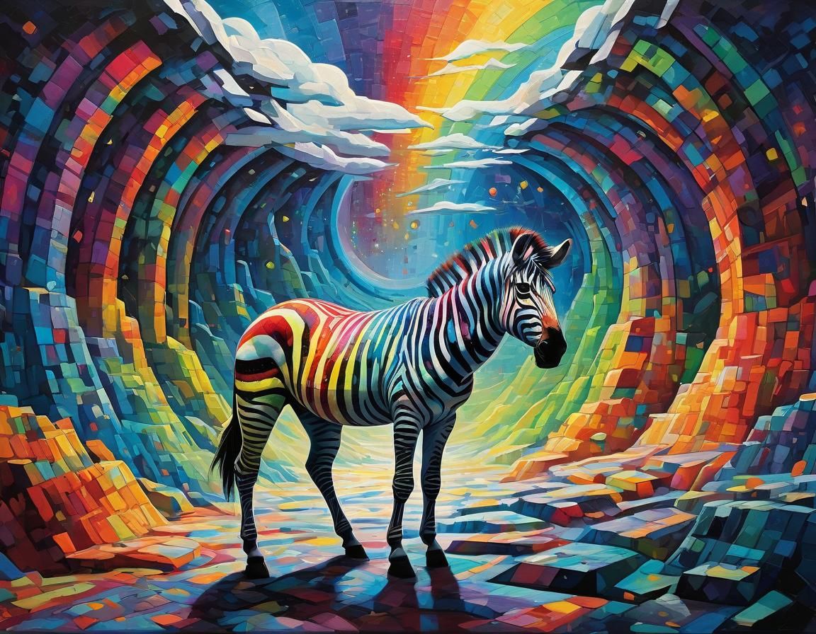 Rainbow Zebra in Cubist Moonscape, Geometric Fauvism