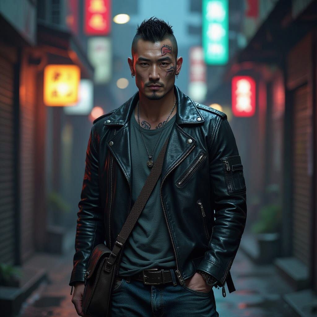 Cyberpunk Character Portrait: Kyu in Gritty Alleyway