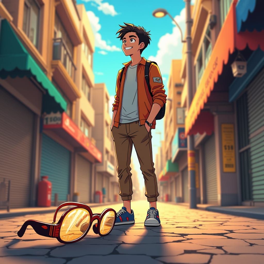Anime Style Man's Vision in Vibrant Cityscape
