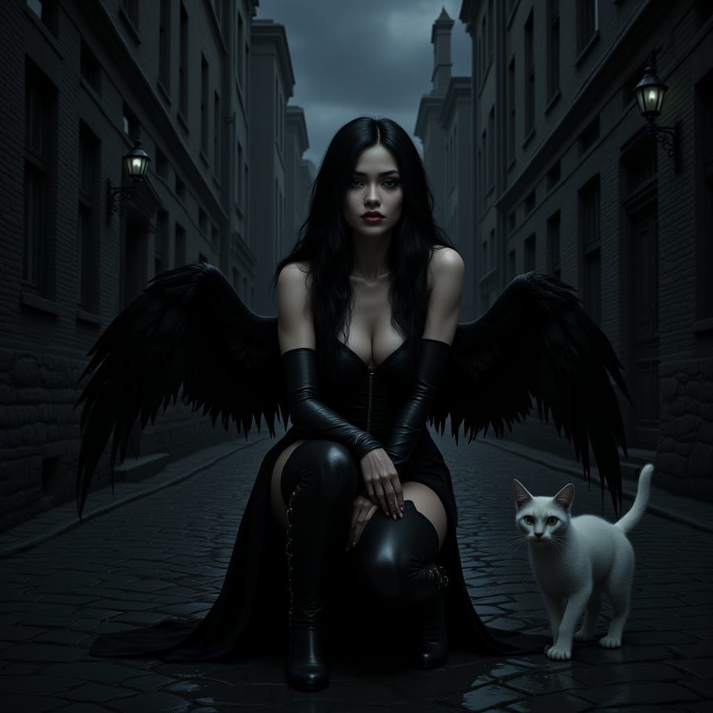 Winged Woman in Alley: 3D Game Cinematic Art