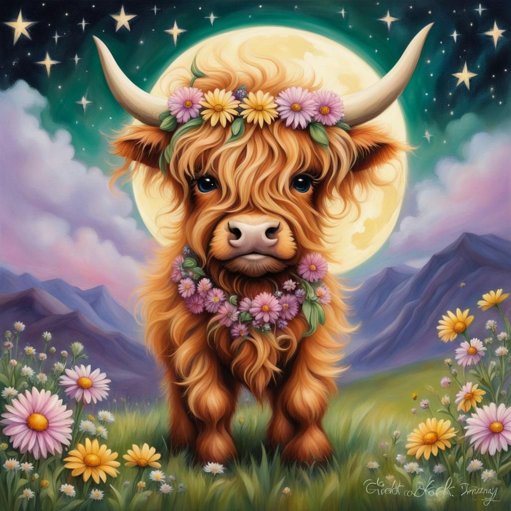 Whimsical Highland Cow Calf in Grassy Meadow