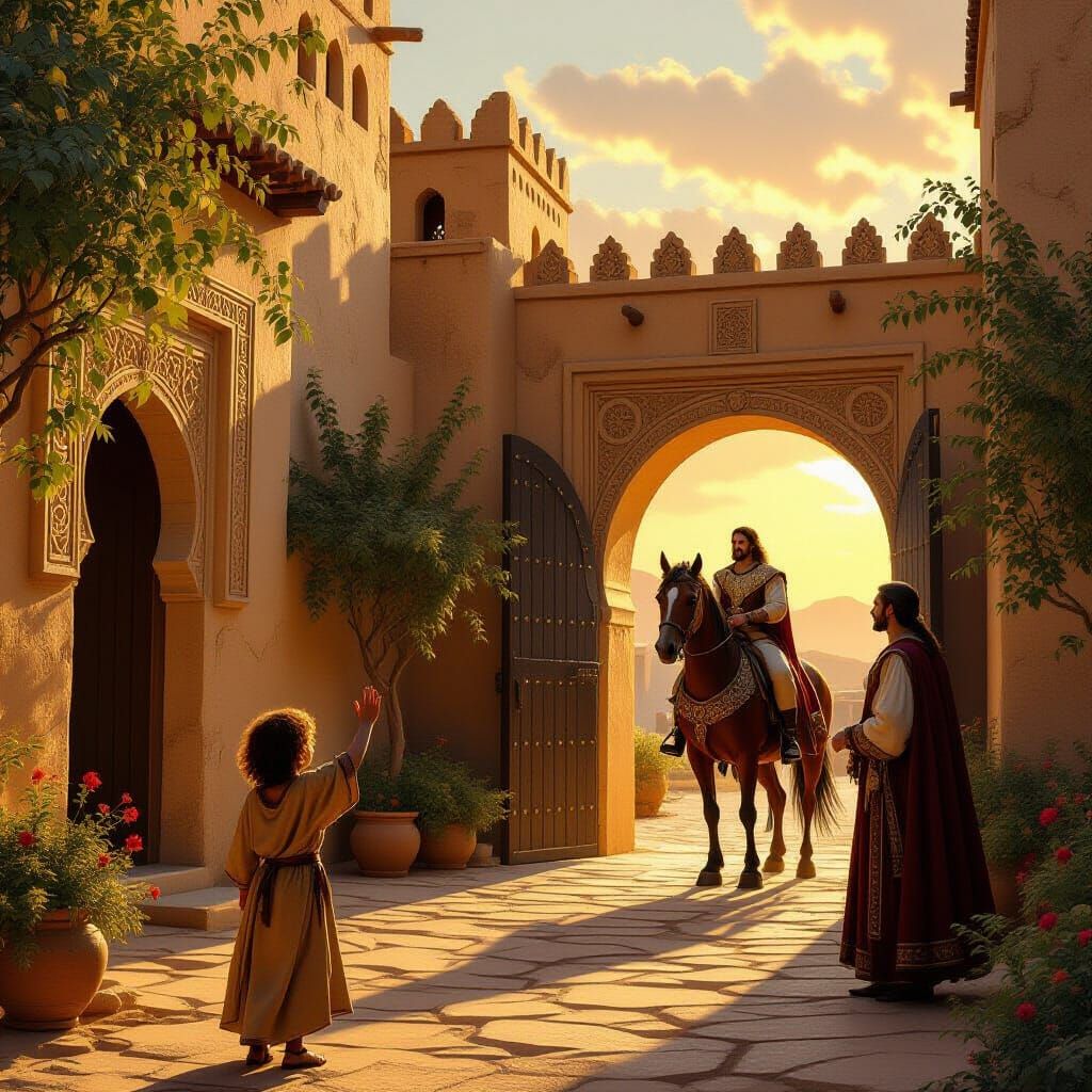 Desert Courtyard Welcomes King in Matte Painting Style