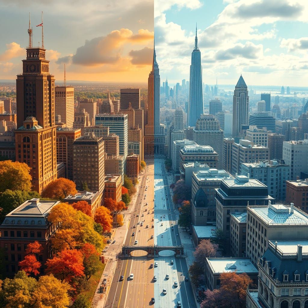 Ethereal Cityscape with Seasons in Harmony