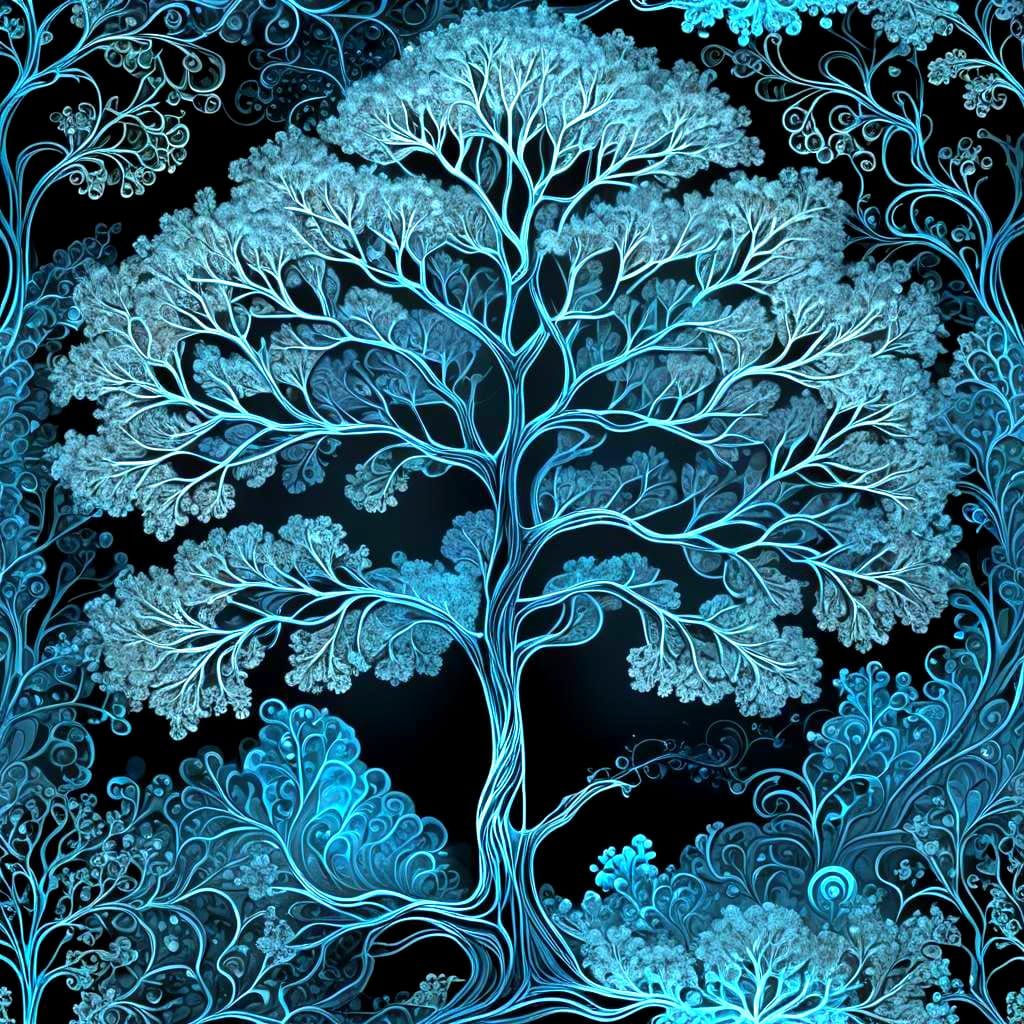 Bioluminescent Blue Tree with Abstract Fractal Design