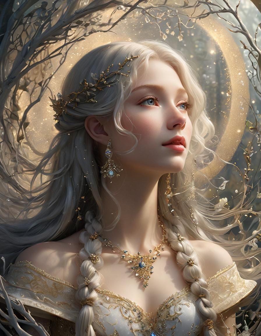 Ethereal Woman with Silver Hair and Golden Vines
