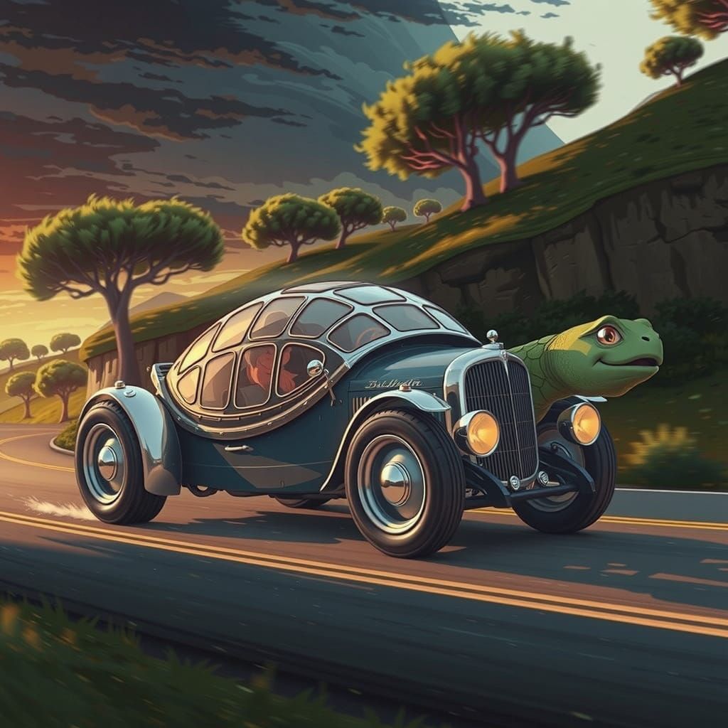 Anime Turtle-Car Hybrid on Coastal Road