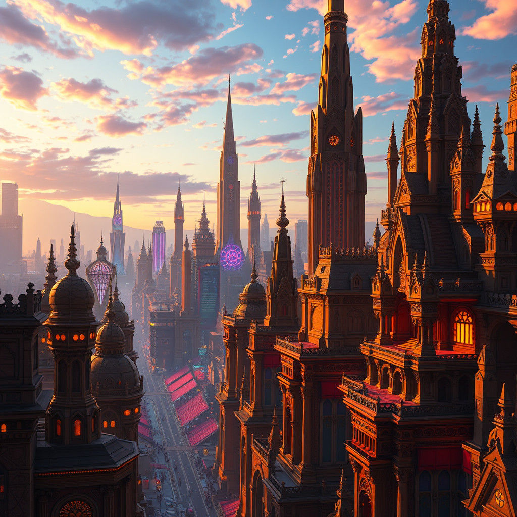 Futuristic Cityscape: Ancient Meets Neon in Dreamlike Dusk