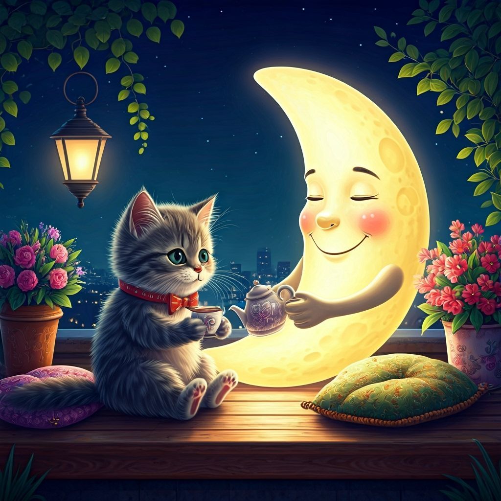 Kitten and Moon Share Rooftop Tea Party